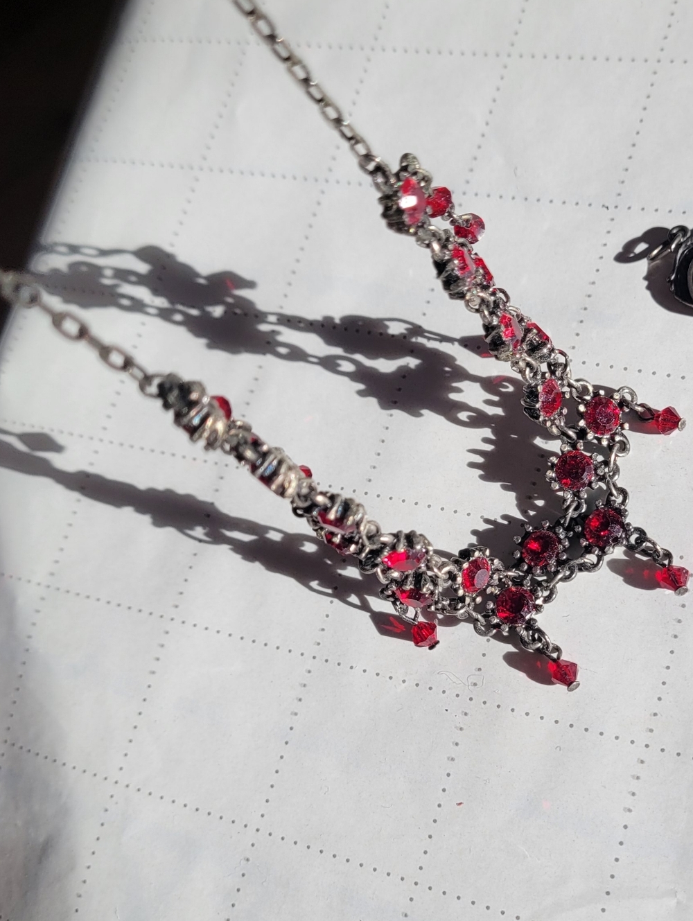 Silver Necklace Red Austrian Crystal Floral Design